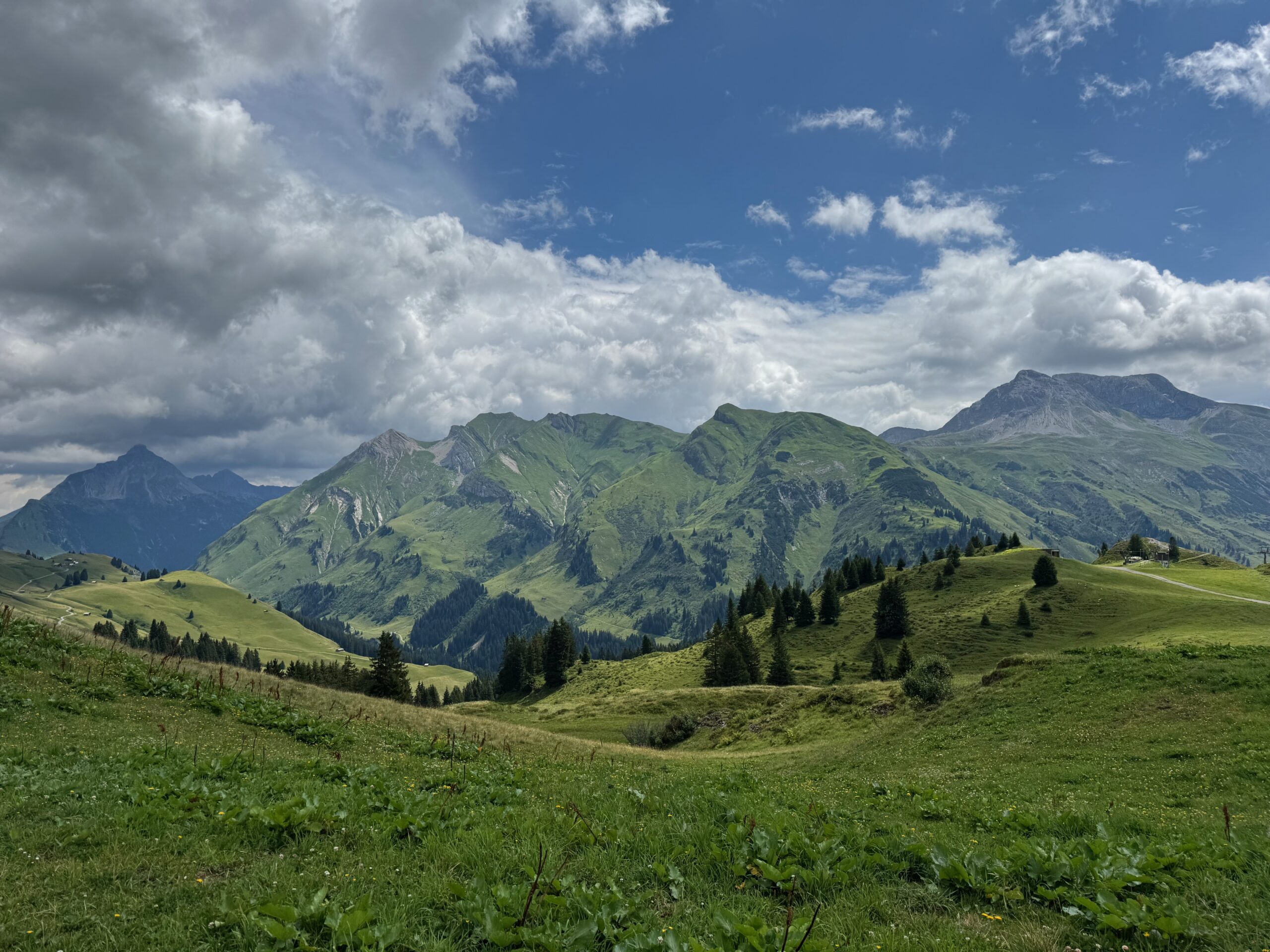 Grüne Berge unter bewölktem Himmel