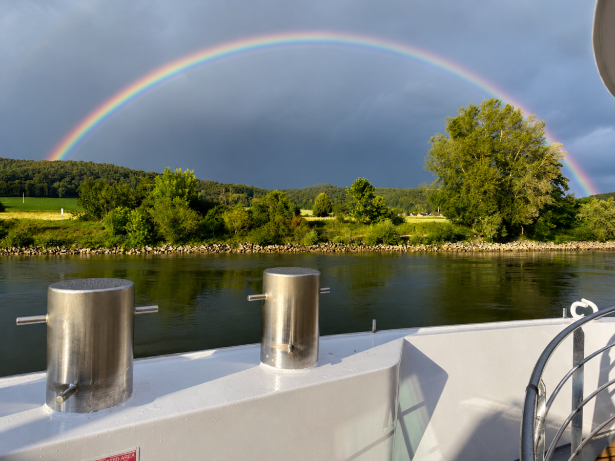 Regenbogen über ruhigem Flussufer
