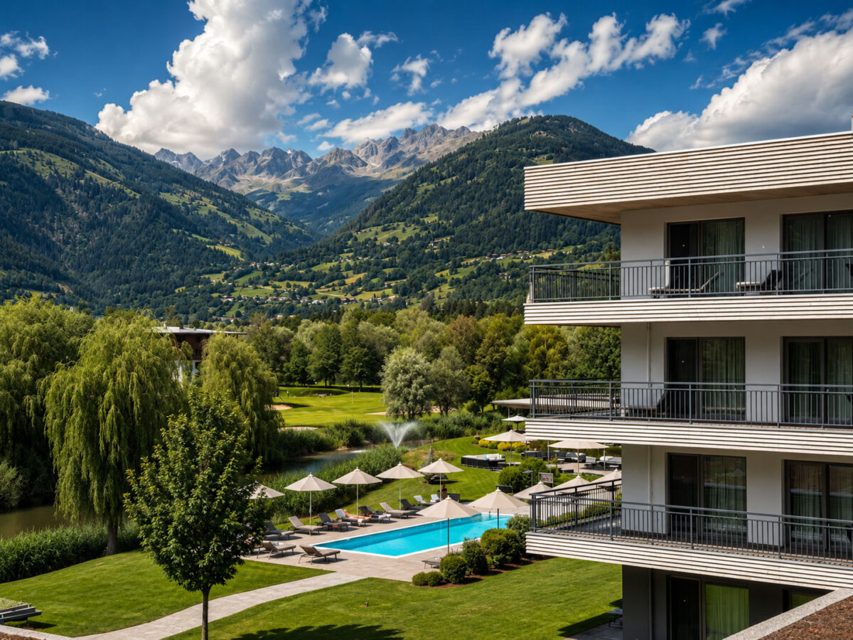 modernes gebäude mit pool und berglandschaft