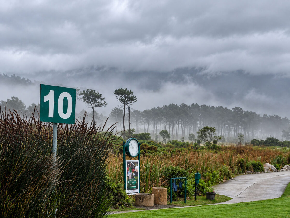 Abschlag an Loch 10 des Hermanus Golf Club unter bewölktem Himmel