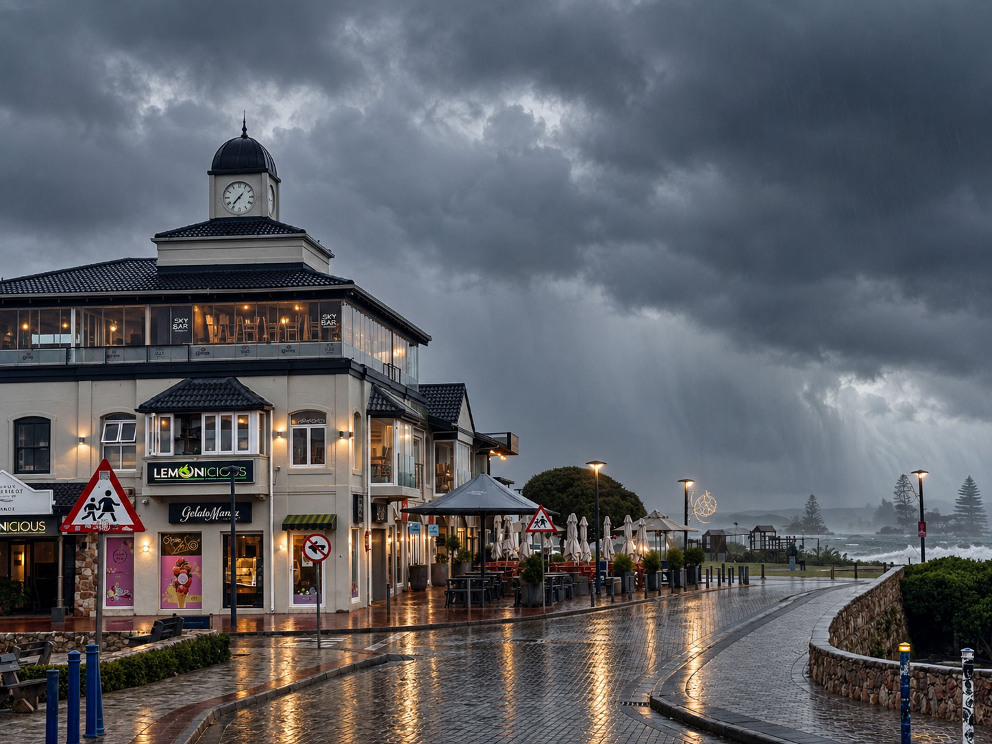Historisches Gebäude im Zentrum von Hermanus unter dramatischem Himmel
