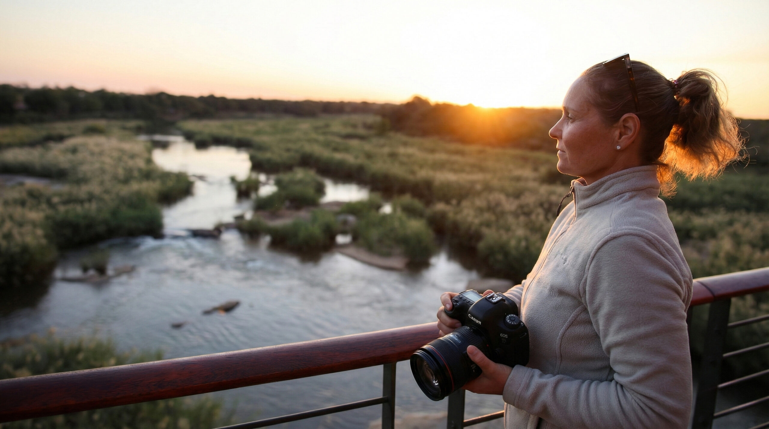 Sonnenuntergang über dem Sabie River im Kruger Shalati Train on the Bridge