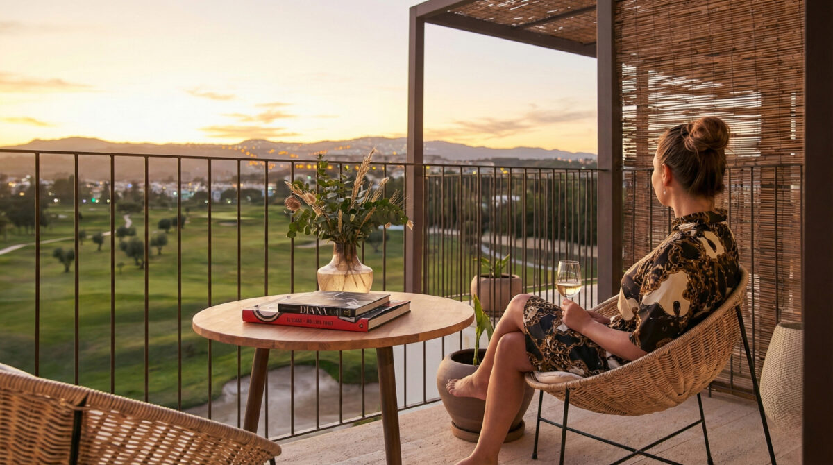 La Zambra im Sonnenuntergang mit Blick auf den Golfplatz aus dem Zimmer