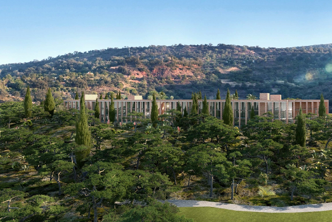 a building with trees in the background