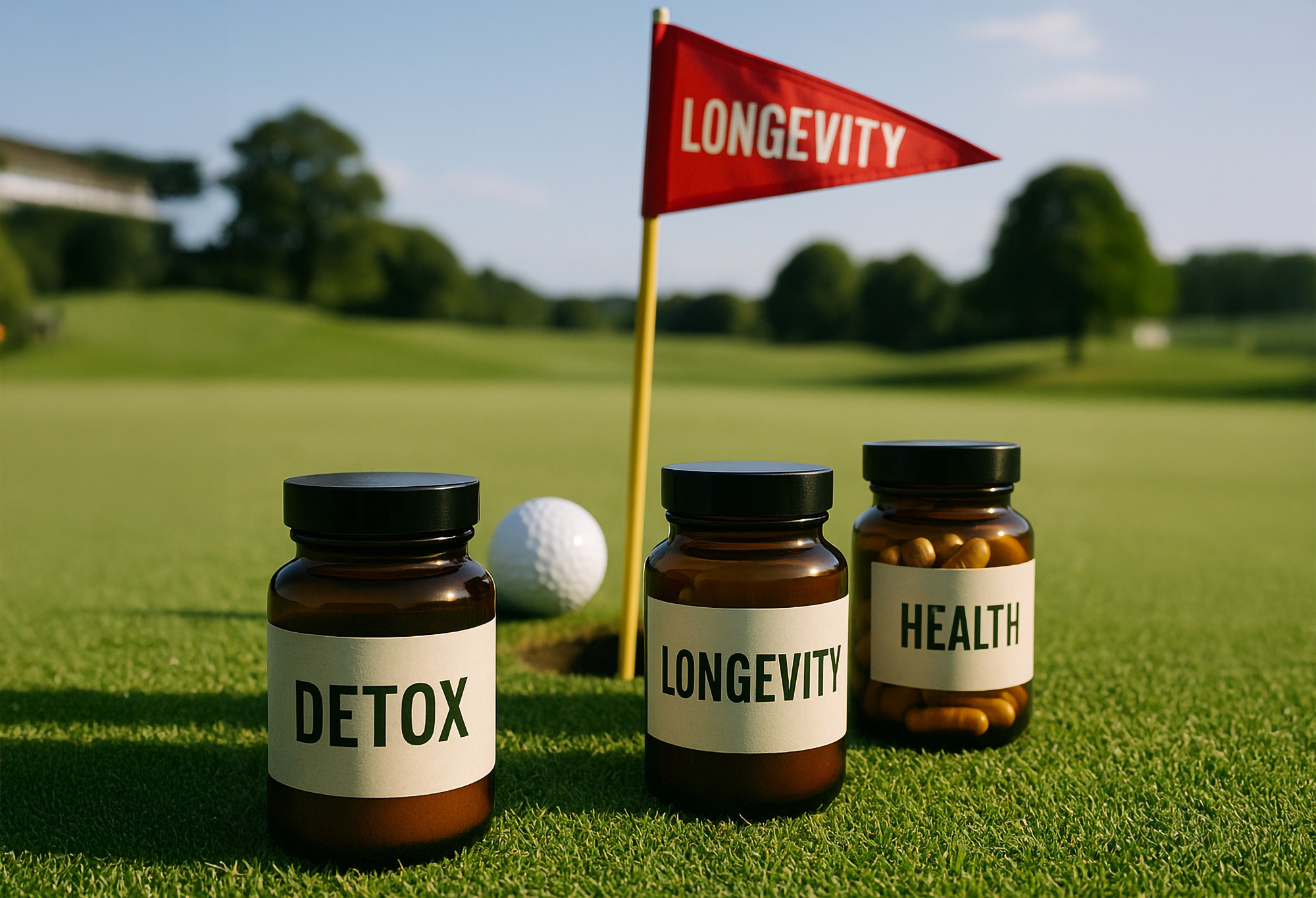 a group of bottles with labels on them next to a golf ball