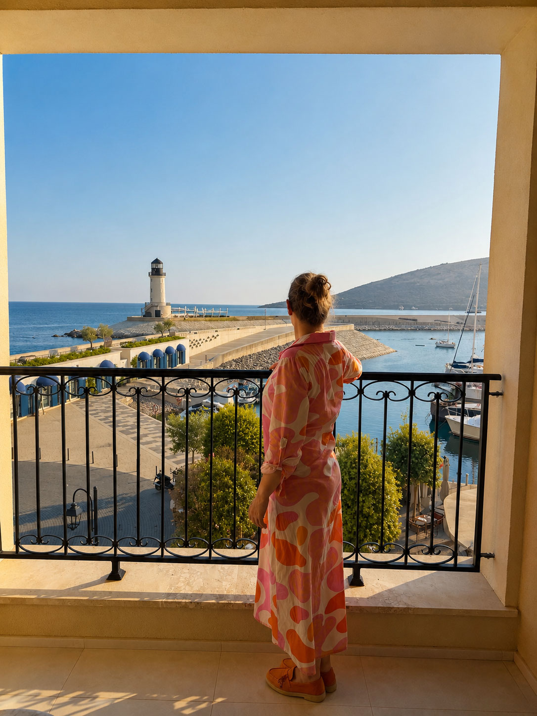Ausblich aus der Suite auf die Marina mit Leuchtturm
