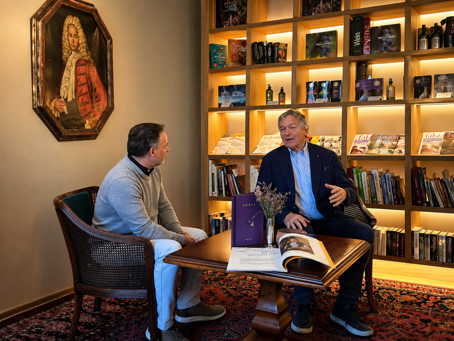 Zwei Männer im Gespräch vor Bücherregal.