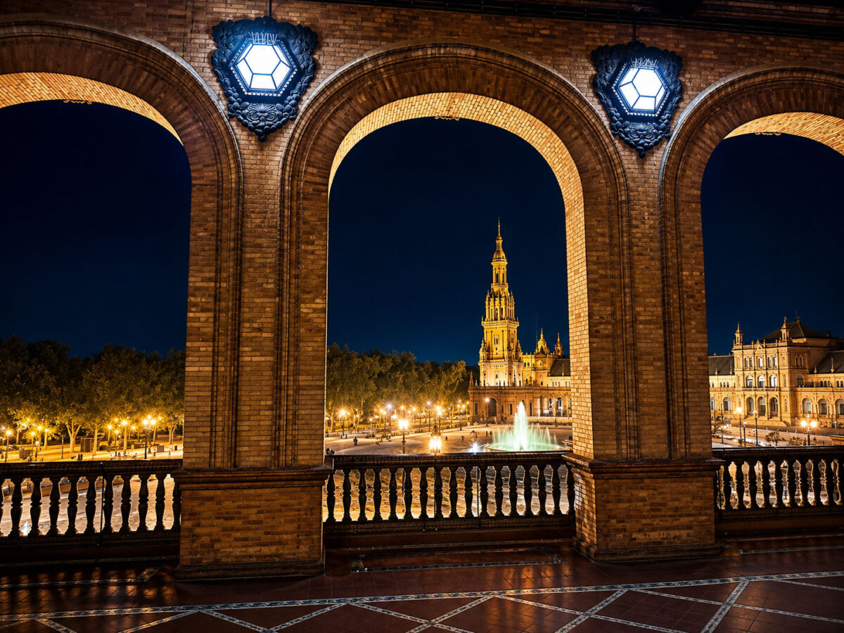 Giralda der Kathedrale von Sevilla eingerahmt von den Arkaden der Plaza de España