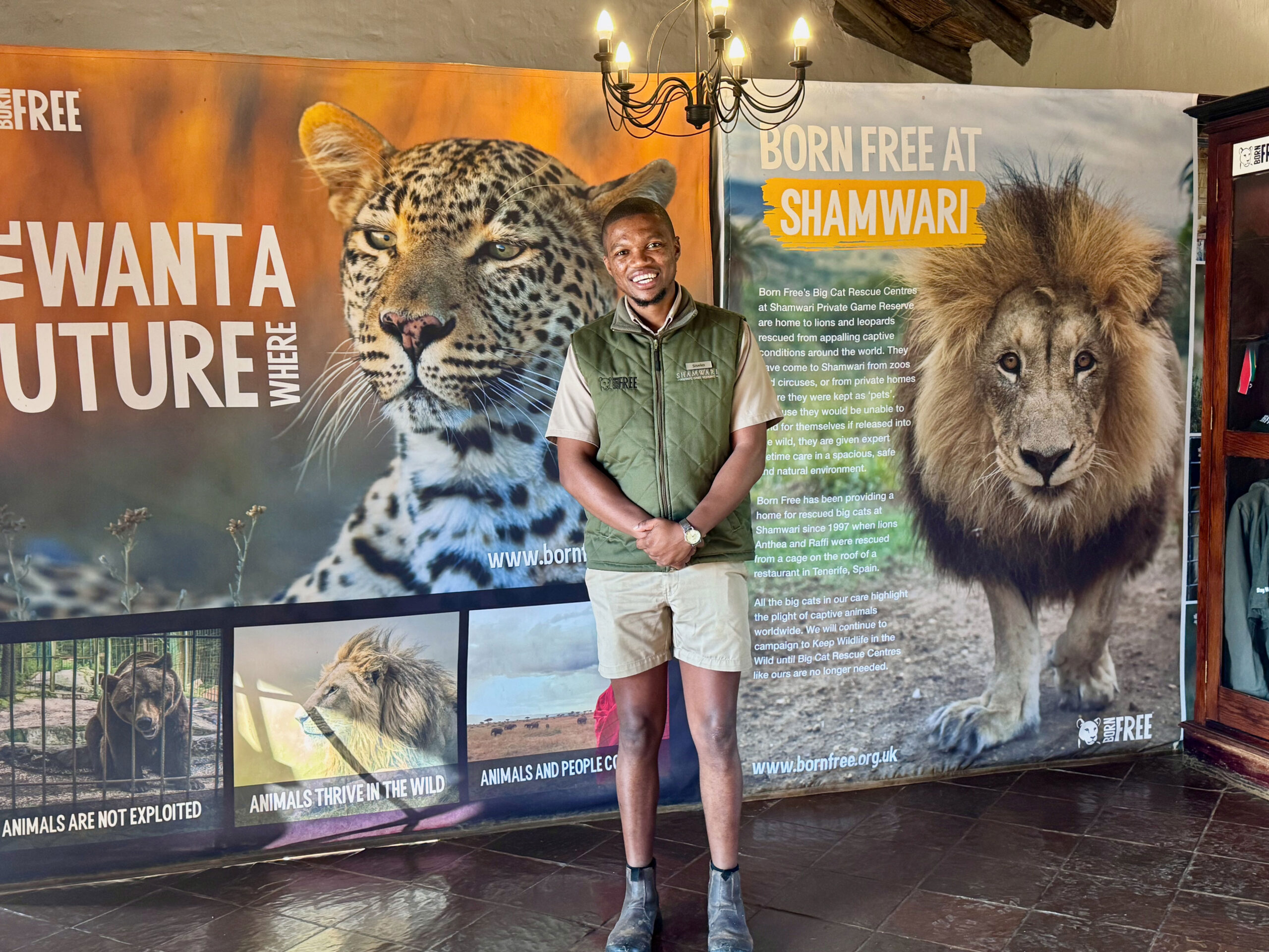 Guide im Born Free Big Cat Sanctuary bei Shamwari mit Informationstafeln zu Grosskatzen
