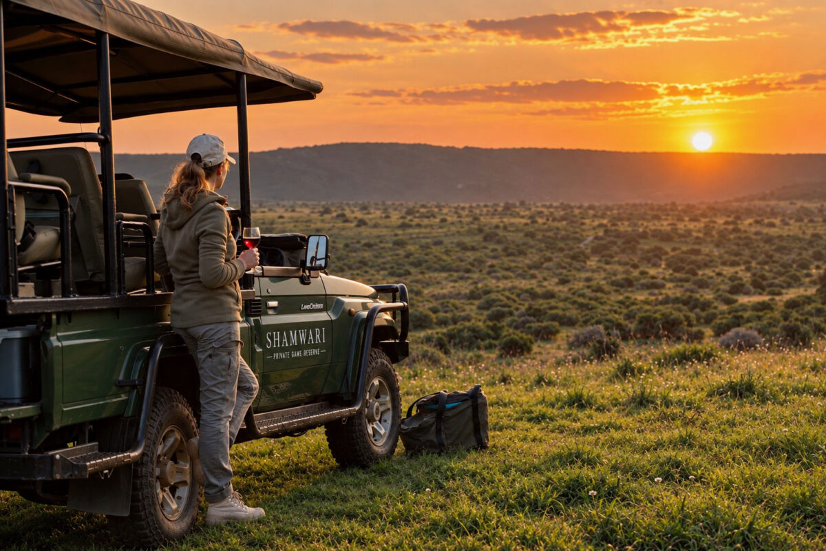 Sundowner neben einem Shamwari Safari-Fahrzeug bei Sonnenuntergang